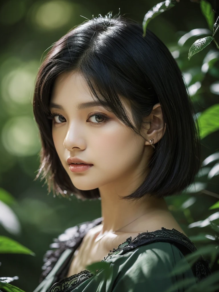 A beautiful raven-haired girl (kim Jennie from blackpink) with short hair, dressed as an, standing in a lush forest with dark colors, (1girl,elf,short hair,raven hair,dark forest,busty,fantasy,detailed face, beautiful detailed eyes,beautiful detailed lips,extremely detailed eyes and face,long eyelashes,elven,nature,lush vegetation,moody lighting,dramatic lighting, rich colors,chiaroscuro,dark fantasy,fantasy portrait,ethereal,mystical)