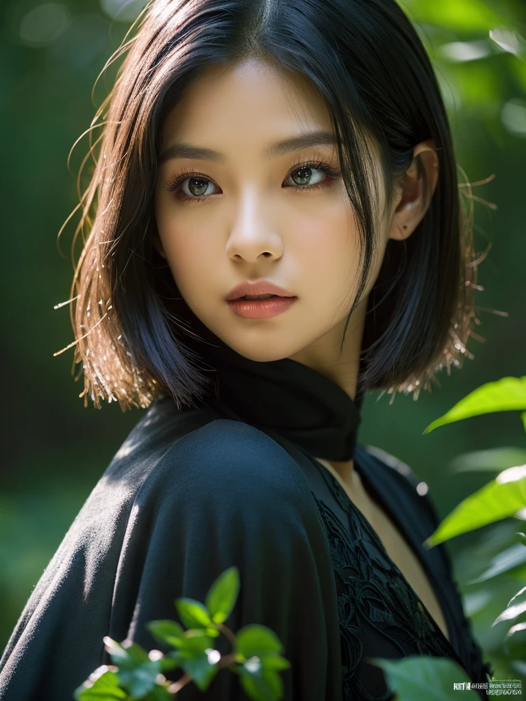 A beautiful raven-haired girl (kim Jennie from blackpink) with short hair, dressed as an, standing in a lush forest with dark colors, (1girl,elf,short hair,raven hair,dark forest,busty,fantasy,detailed face, beautiful detailed eyes,beautiful detailed lips,extremely detailed eyes and face,long eyelashes,elven,nature,lush vegetation,moody lighting,dramatic lighting, rich colors,chiaroscuro,dark fantasy,fantasy portrait,ethereal,mystical)