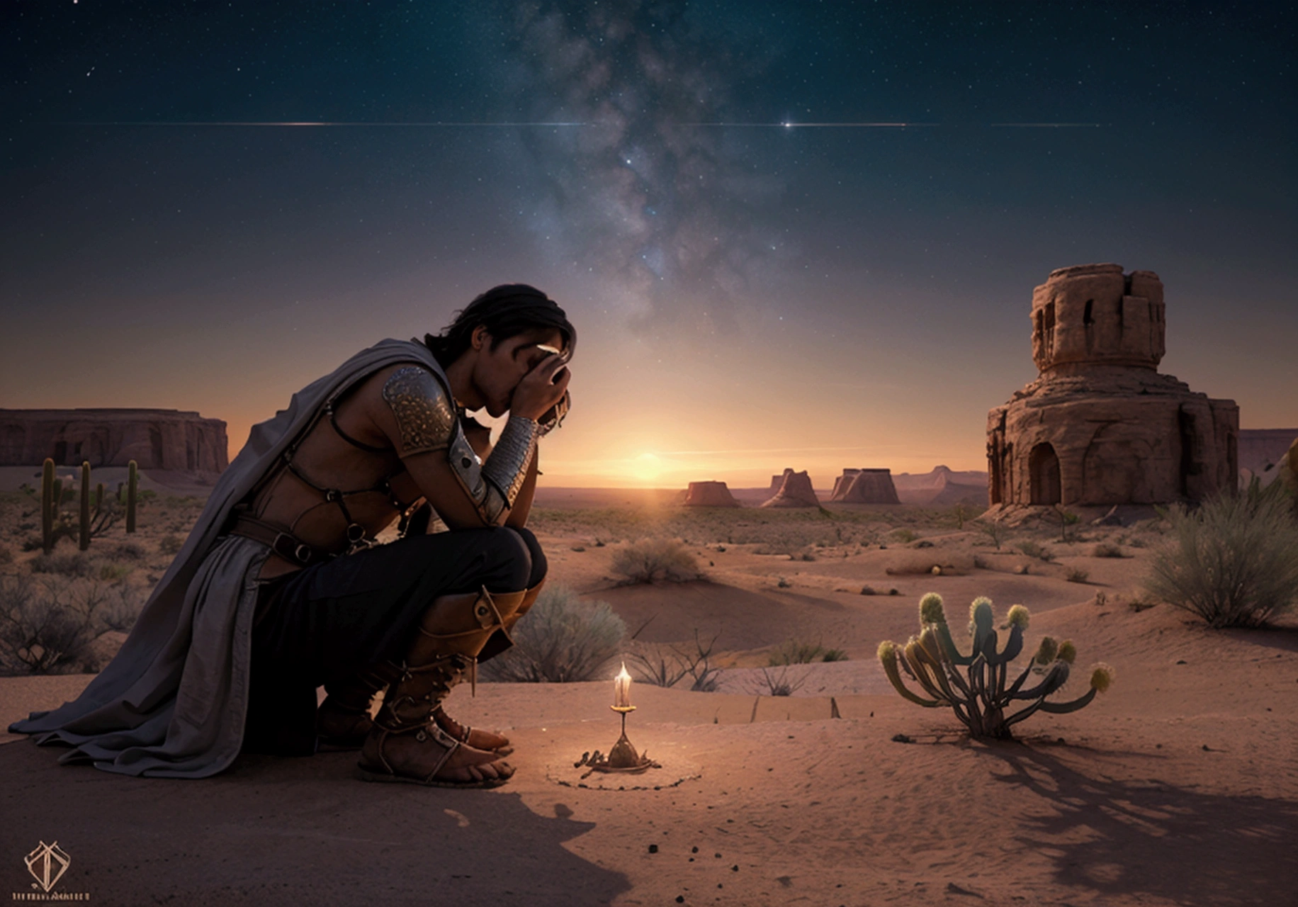 a man in a desert land with his head down in thought, in the style of detailed fantasy art, nightcore, peaceful moments captured in paint, radiant clusters, beautiful, detailed character design, dark cyan and light crimson.”