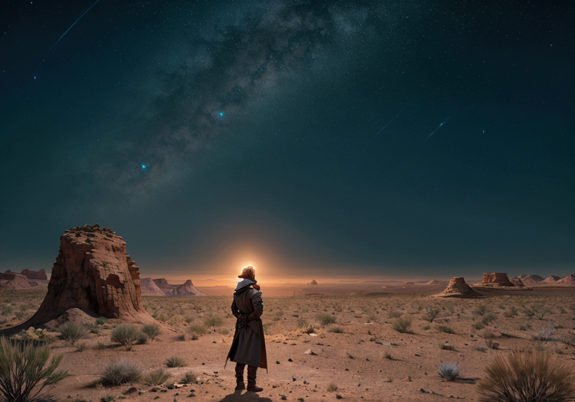 a man in a desert land with his head down in thought, in the style of detailed fantasy art, nightcore, peaceful moments captured in paint, radiant clusters, beautiful, detailed character design, dark cyan and light crimson.”
