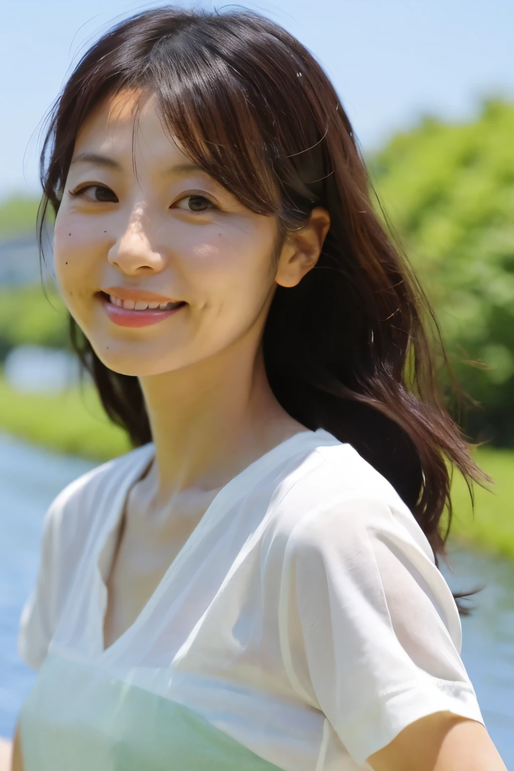 Skinny Japanese 40s woman, good wife, cute face, detailed face, detailed eyes, neat and clean, short-sleeve white shirt, walking along river, early summer, fine weather, clear sky, green fields, portrait