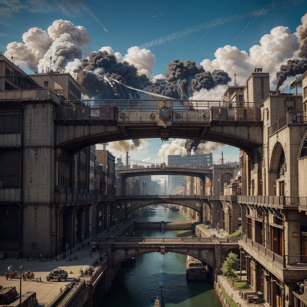 
Panoramic image of an industrial steampunk city, gears, steam engines, citizens, in it, pollution, carbon, exolosions, vapor, buildings, bridges, train, zepelin ((high quality)) ((4k)) ((8k)) ((Hyperrealism)) ((masterpiece)) ((perfection))