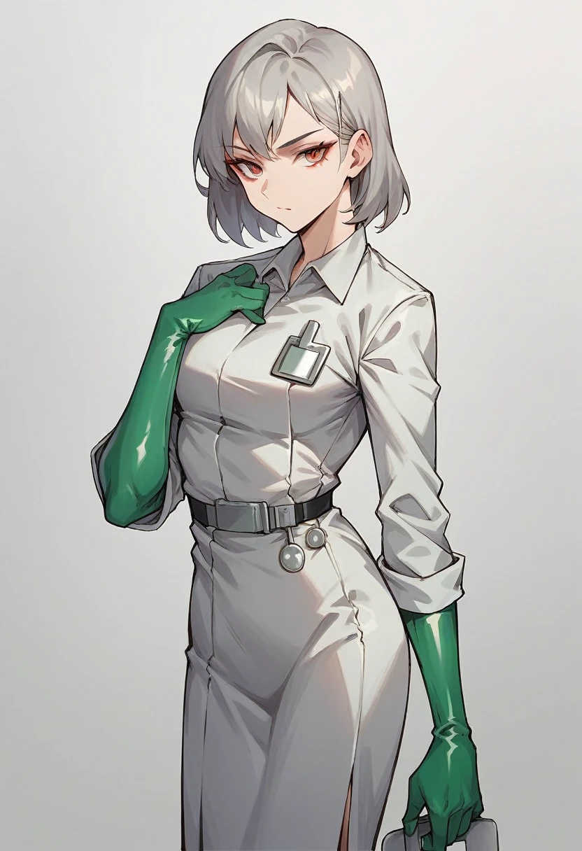 1girl, bangs, ((green elbow gloves)), ((surgical gloves)), ((latex gloves)), ((((long sleeves)))), ((gray surgeon outfit)), looking at viewer, ((gray doctor outfit)), standing, solo