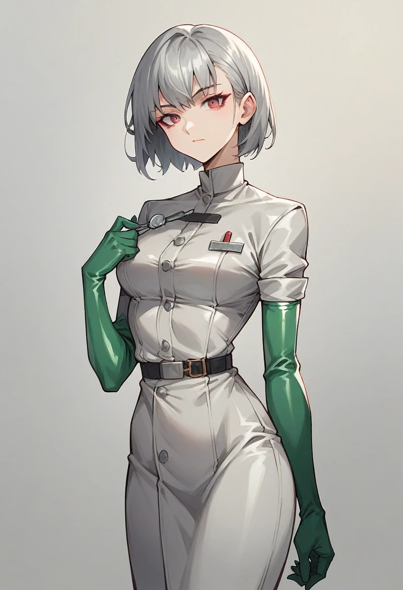 1girl, bangs, ((green elbow gloves)), ((surgical gloves)), ((latex gloves)), ((((long sleeves)))), ((gray surgeon outfit)), looking at viewer, ((gray doctor outfit)), standing, solo