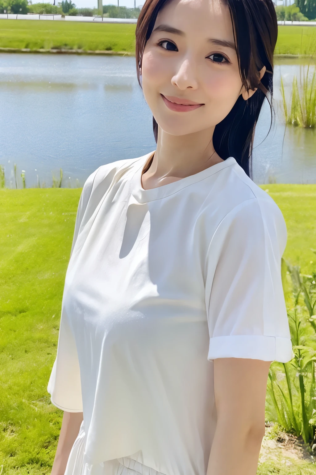 Skinny Japanese 40s woman, good wife, cute face, detailed face, detailed eyes, neat and clean, short-sleeve white shirt, walking along river, early summer, fine weather, clear sky, green fields, portrait