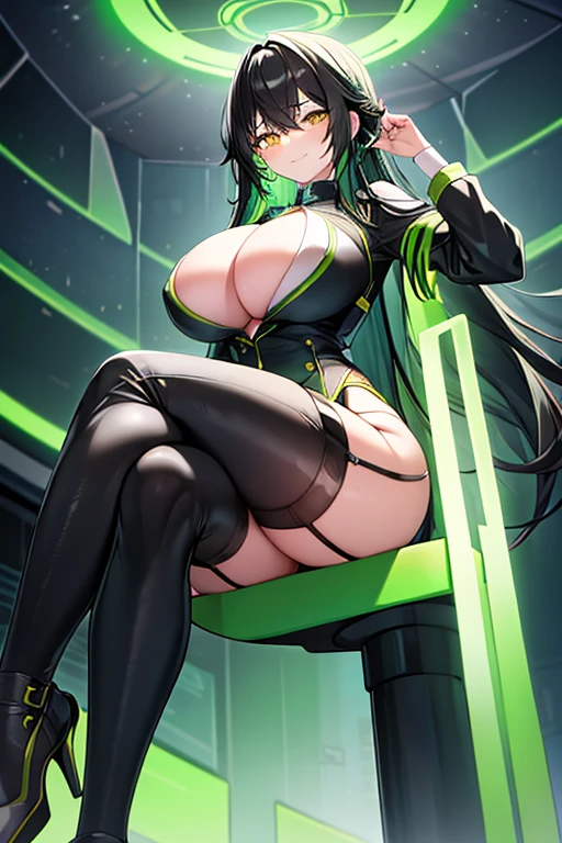 1girl, large breasts, thick thighs, yellow eyes, wide hips, (black hair), colored inner hair, (colored inner hair), green hair, smile, long hair, black bodysuit, bodysuit, shoes, green trim, science-fiction, futuristic, tech, neon trim, machinery, sitting, crossed legs, (ass), ass, cleavage cutout, cleavage, garter belt, (garter belt)