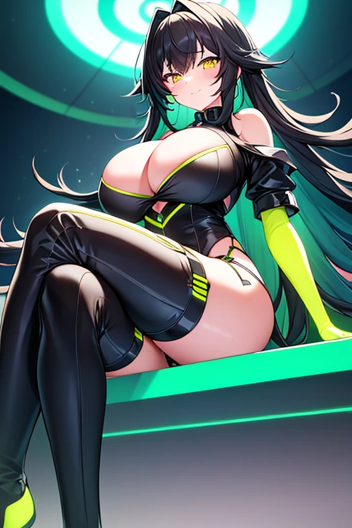 1girl, large , thick thighs, yellow eyes, wide hips, (black hair), colored inner hair, (colored inner hair), green hair, smile, long hair, black bodysuit, bodysuit, shoes, green trim, science-fiction, futuristic, tech, neon trim, machinery, sitting, crossed legs, (ass), a cleav cutovage, garter beltr belt)