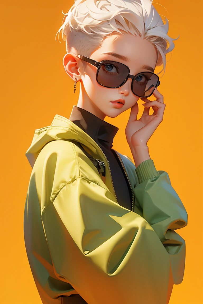 Blind Box,Simple Background, 8k, ，黒いBlind Box,Simple Background,Blind Box,Simple Background，Buzz Cut，White blonde hair with long roots，balenciaga,High Fashion，All black outfit，sunglasses，squat
