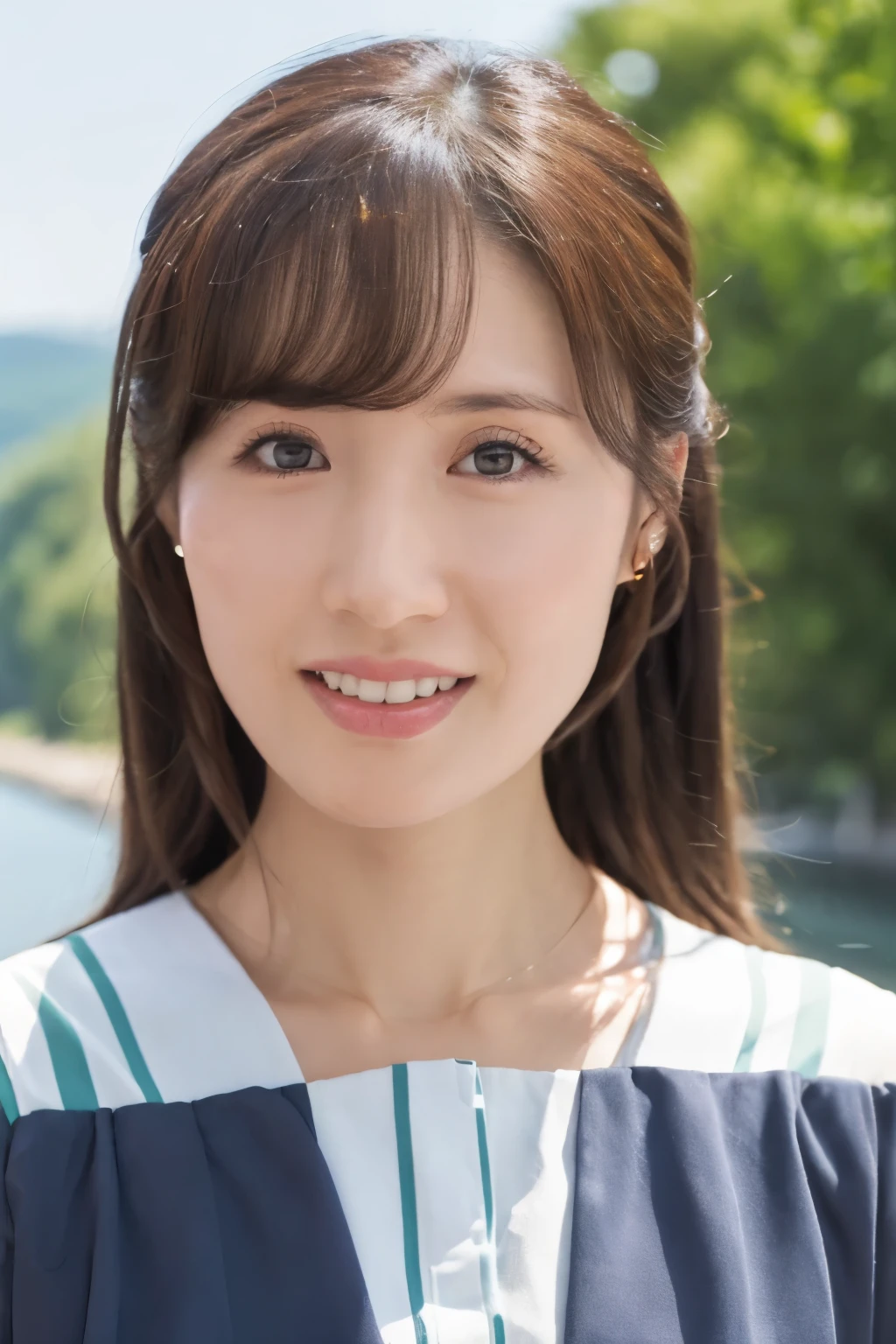 Skinny Japanese 40s woman, good wife, cute face, detailed face, detailed eyes, neat and clean, short-sleeve white shirt, walking along river, early summer, fine weather, clear sky, green fields, portrait