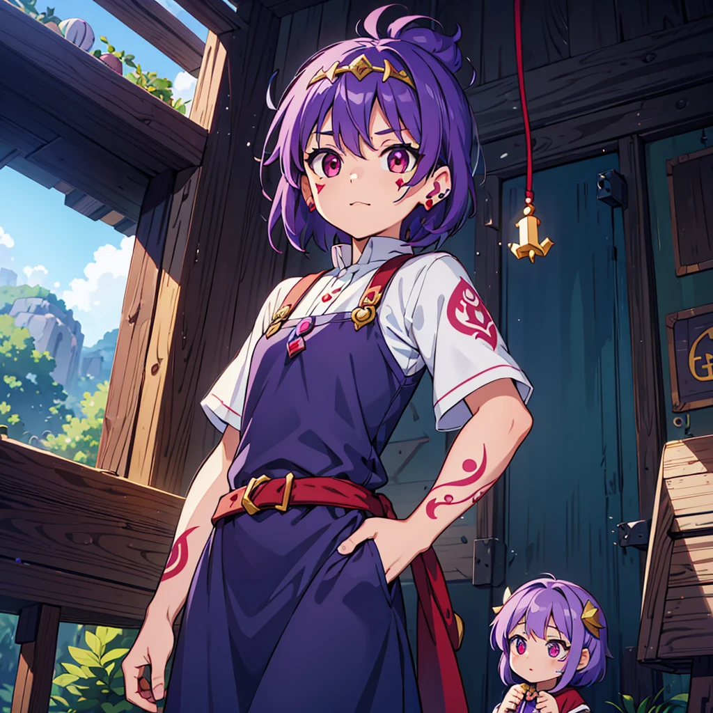 Female Little ???, ((RUNE TATTOOS)), Purple Hair, Red Eyes, Circlet With a Stone at the Center, Princess Villager Dress