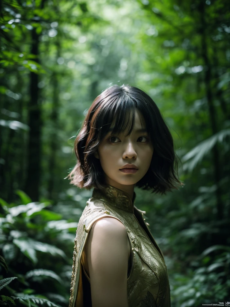 a beautiful albino asian girl in a lush dark forest, short hair, elvish costume, (best quality,4k,8k,highres,masterpiece:1.2),ultra-detailed,(realistic,photorealistic,photo-realistic:1.37),detailed face,intricate hair, detailed clothing, cinematic lighting, moody atmosphere, fantasy, mystical, magical