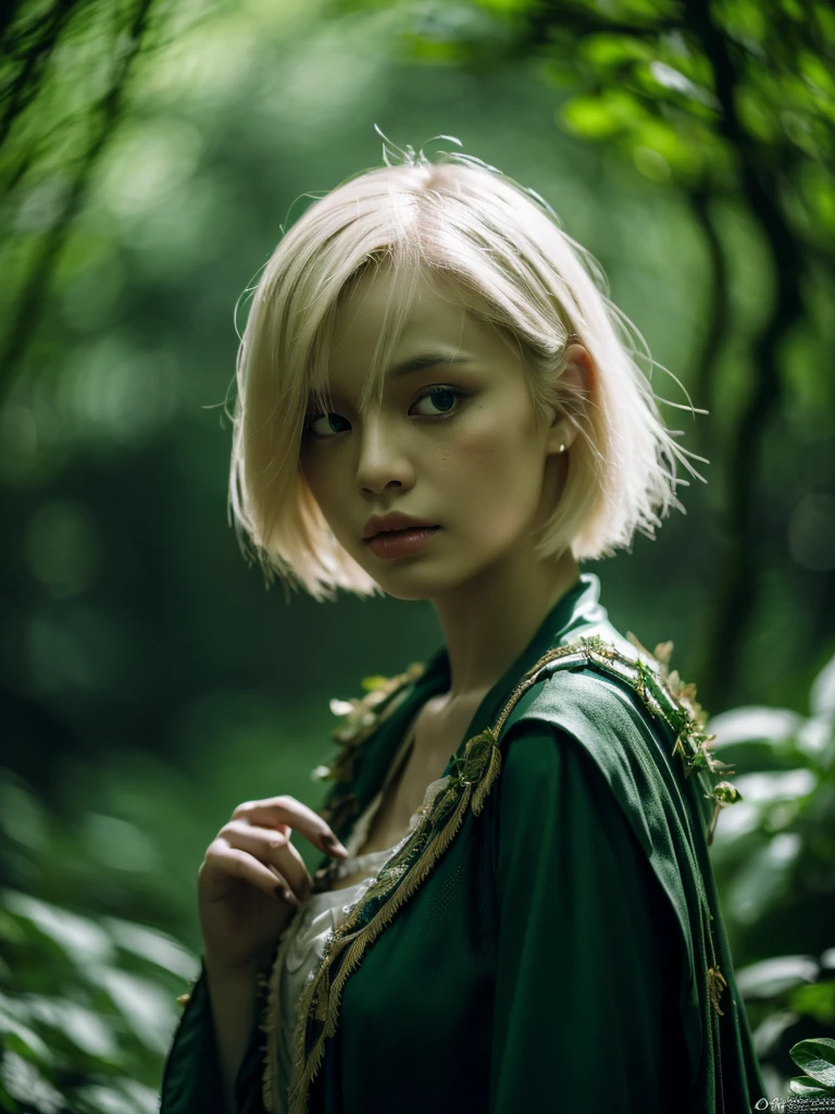 a beautiful albino asian girl in a lush dark forest, short hair, elvish costume, (best quality,4k,8k,highres,masterpiece:1.2),ultra-detailed,(realistic,photorealistic,photo-realistic:1.37),detailed face,intricate hair, detailed clothing, cinematic lighting, moody atmosphere, fantasy, mystical, magical