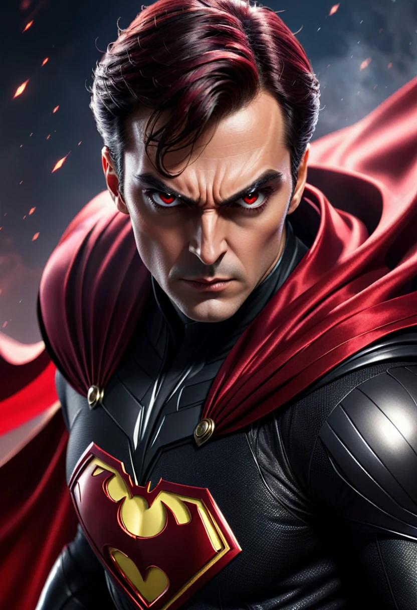 Super hero with cape, detailed, 8k, eyes focused on a super villain ready to attack, 1 man, 1 woman, crimson cirlo 