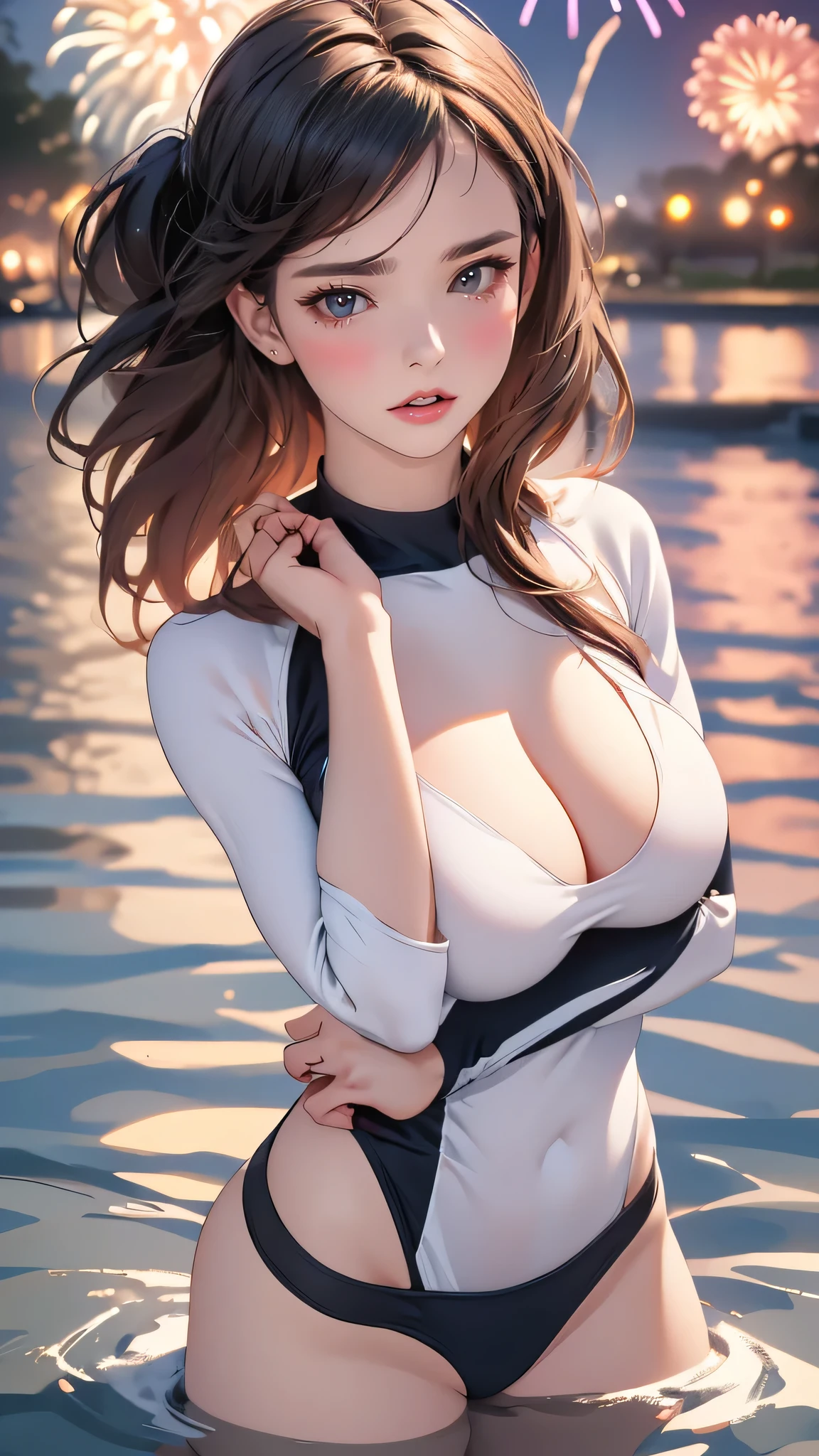 ((looking up at the fireworks)),(Random sexy Pose),(floating in water),(soaked),(rash guard:1.2),(Thin type:1.2),(large breasts:1.2),(random hairstyle),(Highest image quality,(8K), Ultra-realistic, Best Quality, High quality, High Definition, high quality texture, high detailing, Beautiful detailed, fine detailed, extremely details CG, Detailed texture, realistic representation of face, masterpiece, presence)