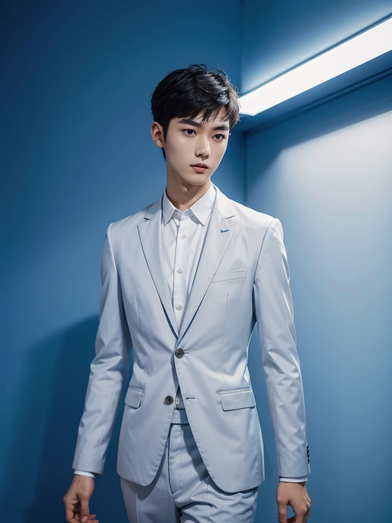 1 handsome chinese slim guy, 20 years old, short hair, wearing a business suit, standing in a blue background, high quality, studio lighting, detailed facial features, sharp focus, vivid colors