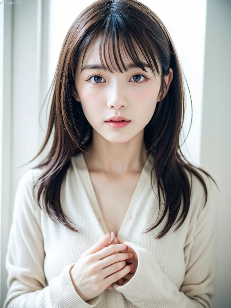 (Highest quality、8k、32K、masterpiece、Hmph:1.2)、Cute Japanese Women Photos、Photographed in front of a white wall、Photographed in natural light、Upper Body、Surface Focus、Long sleeve shirt、Simple Necklace、From above、Mix 4、(8k、RAW Photos、Highest quality、masterpiece:1.2)、(Realistic、Photorealistic:1.37)、1 girl、Photon Mapping、Physically Based Rendering、Excellent image quality、High resolution、1080P、(Beautiful face)、(Detailed facial depiction)、(Detailed explanation of the hand setter muscle parts)、(Detailed CG)、 Extreme light and shadow、Dirty hair、masterpiece、Rich details、(exquisite features)、(Best image quality)、(masterpiece)、(Detailed eyes)、I look forward to seeing you、Delicate clavicle、Various poses