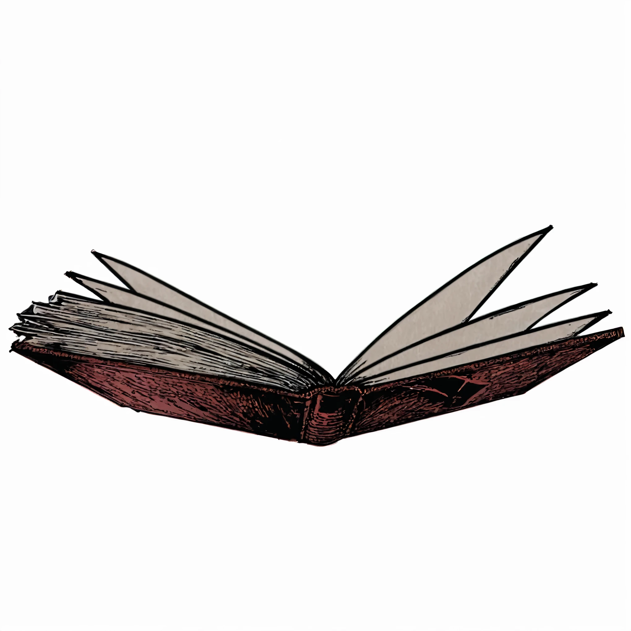 An old open book with dirty maroon cover with blank pages in plain white background, anime and manga style drawing, thick outlines, thick outline drawing, the pages is blank