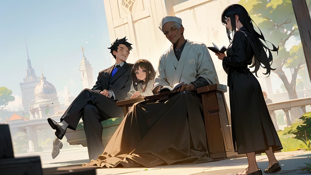 (work of art, best qualityer:1.35), 3 boys, one black, one Asian and one white, everyone smiling, and 3 girls, one black, one Asian and one white, everyone smiling, sitting around the philosopher Diogenes, Holding a book, perfect lighting, perfect shading