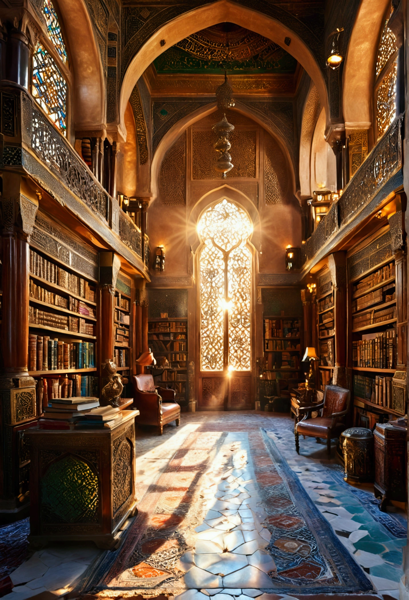 a large and old arabic library, intricate interior, ornate architecture, mosaic floors, stained glass windows, ancient leather-bound books, brass lamps, dusty sunbeams, warm lighting, middle eastern decor, rich color palette, detailed textures, masterpiece, 8k, high quality, photorealistic