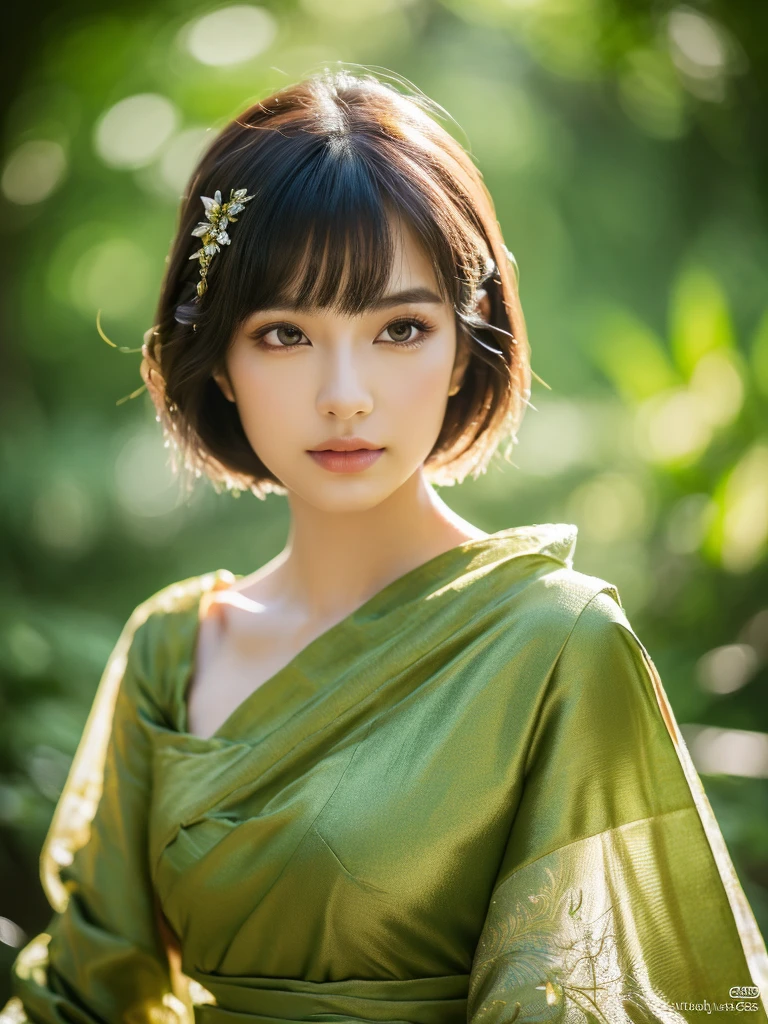 a beautiful asian girl in a lush forest, elf clothing, short hair, (best quality,4k,8k,highres,masterpiece:1.2),ultra-detailed,(realistic,photorealistic,photo-realistic:1.37),detailed eyes,detailed face,detailed lips,longeyelashes,high fantasy,magical,ethereal,glowing skin,natural lighting,warm colors,rich textures