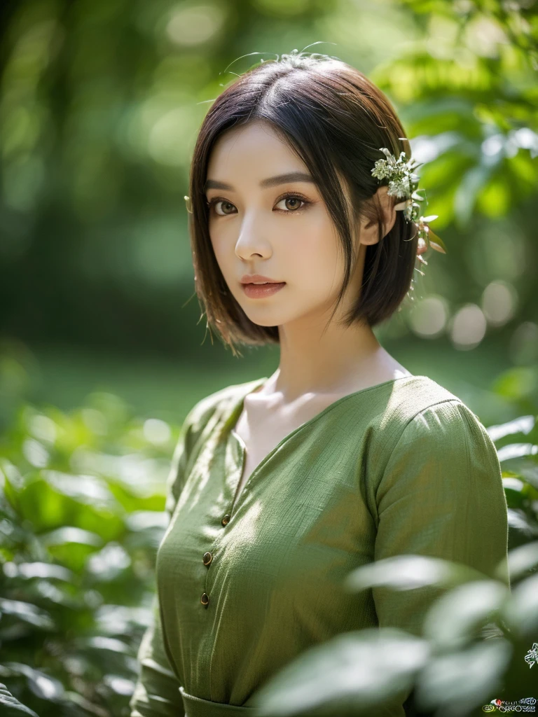a beautiful asian girl in a lush forest, elf clothing, short hair, (best quality,4k,8k,highres,masterpiece:1.2),ultra-detailed,(realistic,photorealistic,photo-realistic:1.37),detailed eyes,detailed face,detailed lips,longeyelashes,high fantasy,magical,ethereal,glowing skin,natural lighting,warm colors,rich textures