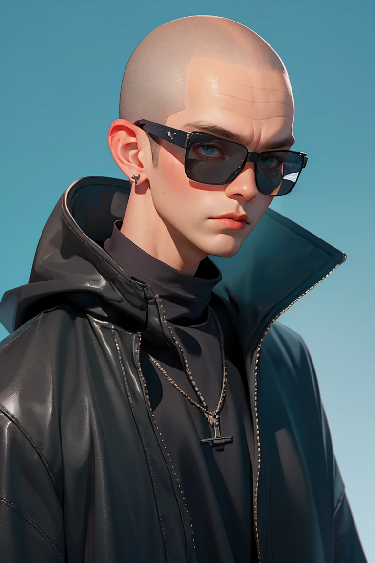 Blind Box,Simple Background, 8k, ，黒いBlind Box,Simple Background,Blind Box,Simple Background，Shaved head，Grey-haired blonde，balenciaga,High Fashion，All Black Costumes，sunglasses，Squat，male，Laughing，Giba