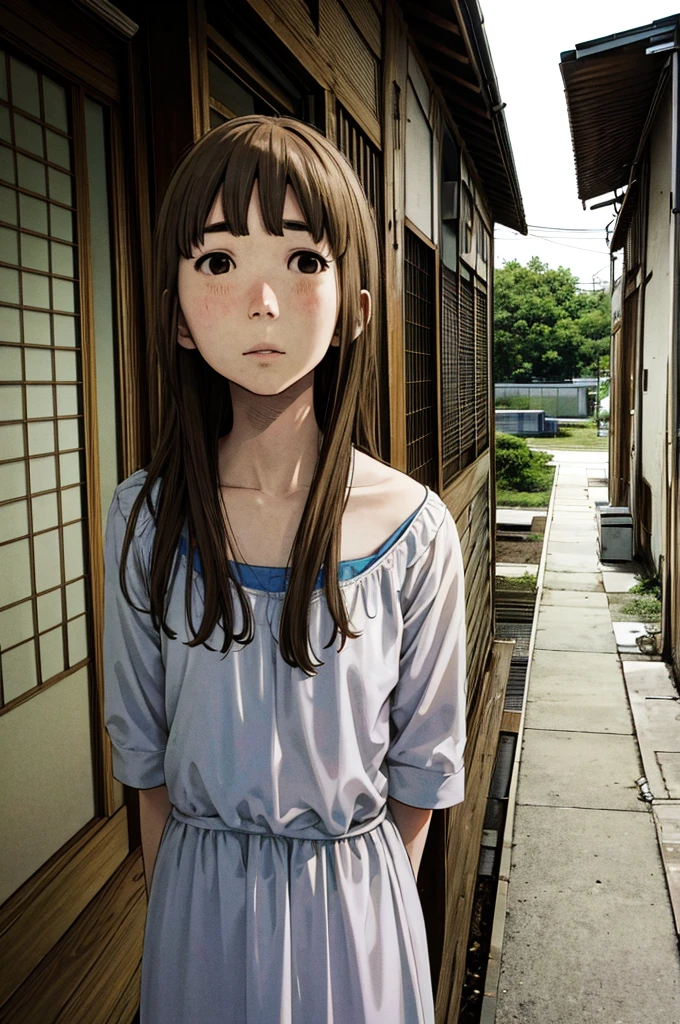 Aiko Tanaka from oyasumi punpun brown hair brown eyes white dress, with background of abandoned japanese house in osaka, manga effect, Aiko looking with fear