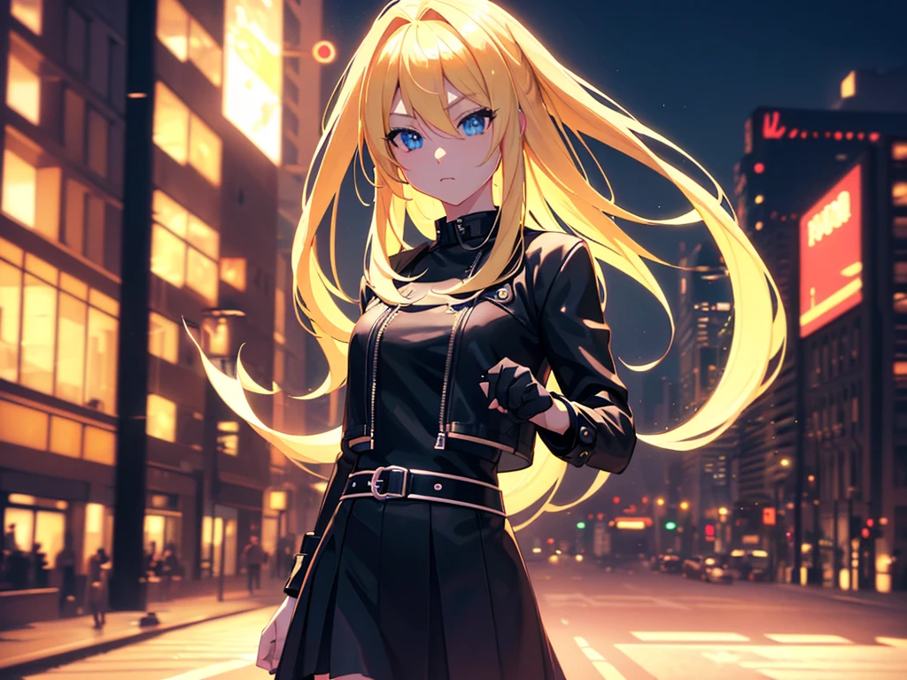 anime, Style, a blonde lhaired girl, black jacket, black skirt, walking on a futuristc city with neon lights ,(best quality, 4k, 8k, high resolution, obra-prima: 1.2), ultra-detailed, (realista, fotorealista, foto-realista: 1.37) colorido com vibrantes cores, soft lighting