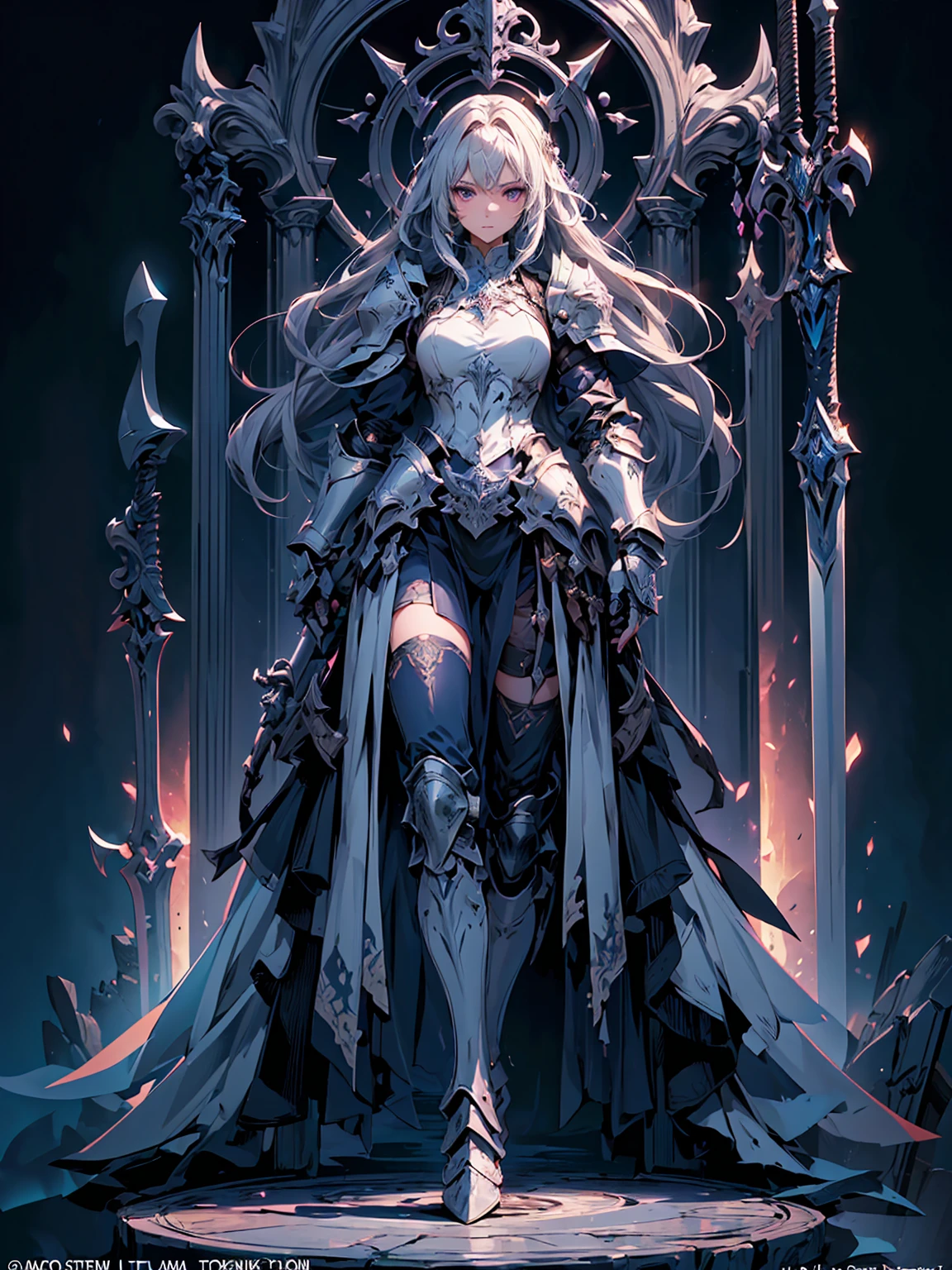 (((masterpiece, best quality, high detailed, 8k))) Design a layout showcase Gaming character, (1girl). Purple+Silver armor, stylish and unique. ((showcase weapon:1.4)), magical orb. (masterpiece:1.2), (best quality), 4k, ultra-detailed. (Step by step design, layout art:1.5), (luminous lighting, atmospheric lighting). sorceress, ((glove full hands)), (((revealing armor:1.3))), vambraces, armored legwear, (((full_body_shot:1.4))). {In an enchanted castle}.