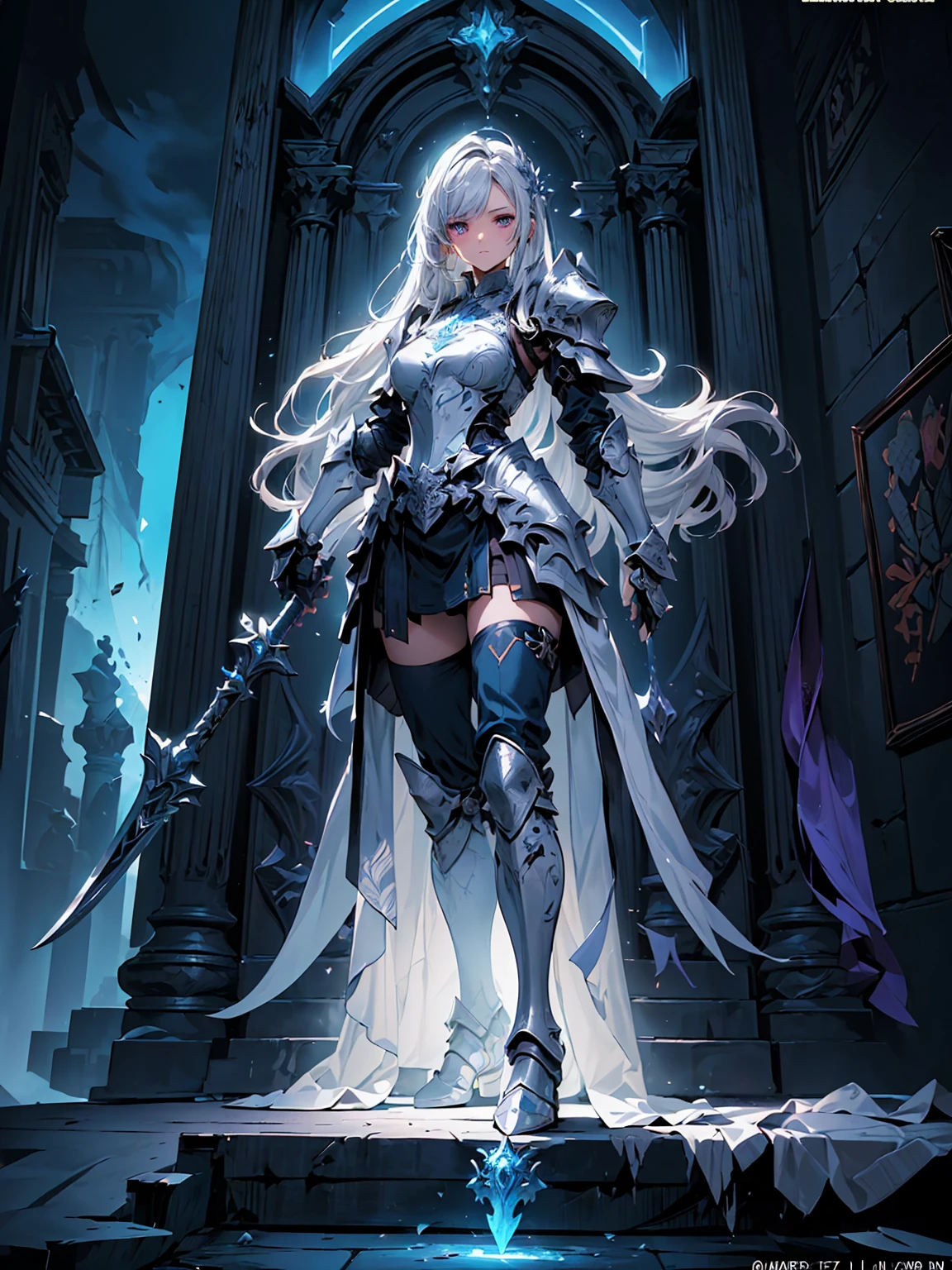 (((masterpiece, best quality, high detailed, 8k))) Design a layout showcase Gaming character, (1girl). Purple+Silver armor, stylish and unique. ((showcase weapon:1.4)), magical orb. (masterpiece:1.2), (best quality), 4k, ultra-detailed. (Step by step design, layout art:1.5), (luminous lighting, atmospheric lighting). sorceress, ((glove full hands)), (((revealing armor:1.3))), vambraces, armored legwear, (((full_body_shot:1.4))). {In an enchanted castle}.