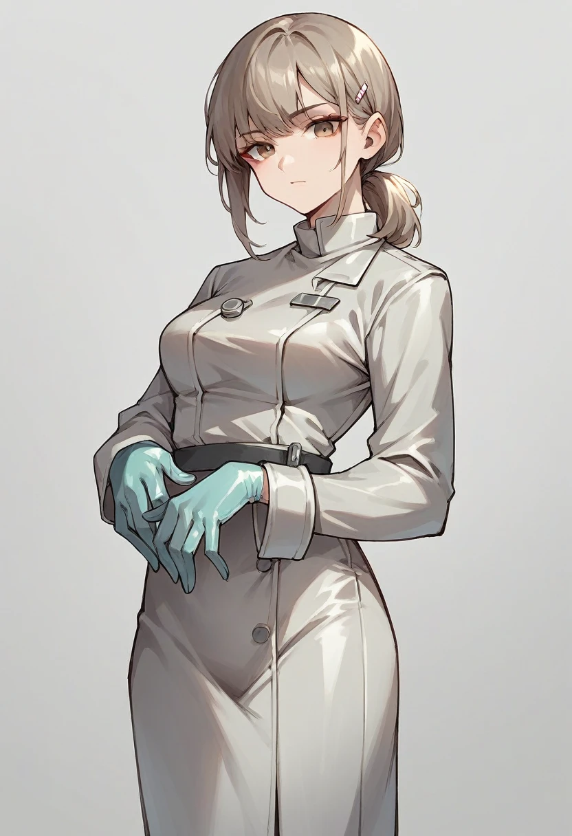 1girl, bangs, ((brown surgical gloves)), ((surgical gloves)), ((latex gloves)), ((((long sleeves)))), ((gray surgeon outfit)), looking at viewer, ((gray doctor outfit)), standing, solo