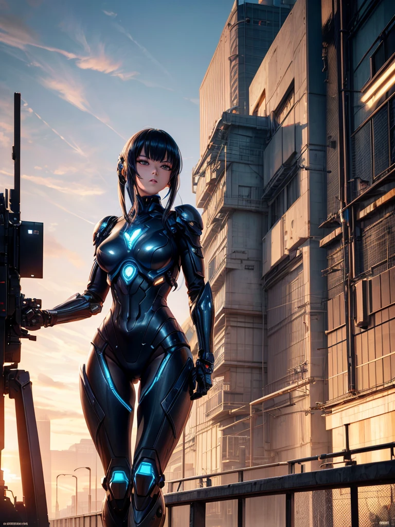 cybernetic girl with large futuristic armored suit, perfect and defined, expressionless, anime style, industrial background, (best quality,4k,8k,highres,masterpiece:1.2),ultra-detailed,(realistic,photorealistic,photo-realistic:1.37),highly detailed cybernetic girl with large futuristic armored suit, flawless skin, piercing eyes, detailed facial features, sleek cybernetic armor, industrial factory background, intricate mechanical details, dynamic pose, muted color palette, cinematic lighting, digital art, concept art