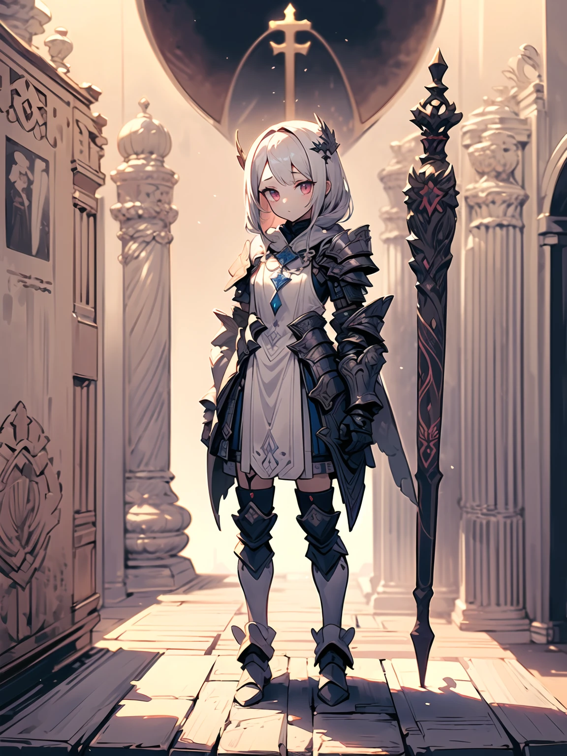 (((masterpiece, best quality, high detailed, 8k))) Design a layout showcase Gaming character, (1girl). White|Gold clothes, stylish and unique. ((showcase weapon:1.4)), holy scepter. (masterpiece:1.2), (best quality), 4k, ultra-detailed. (Step by step design, layout art:1.5), (luminous lighting, atmospheric lighting). priestess, ((glove full hands)), (((revealing clothes:1.3))), vambraces, armored legwear, (((full_body_shot:1.4))). {In a sacred temple}.
