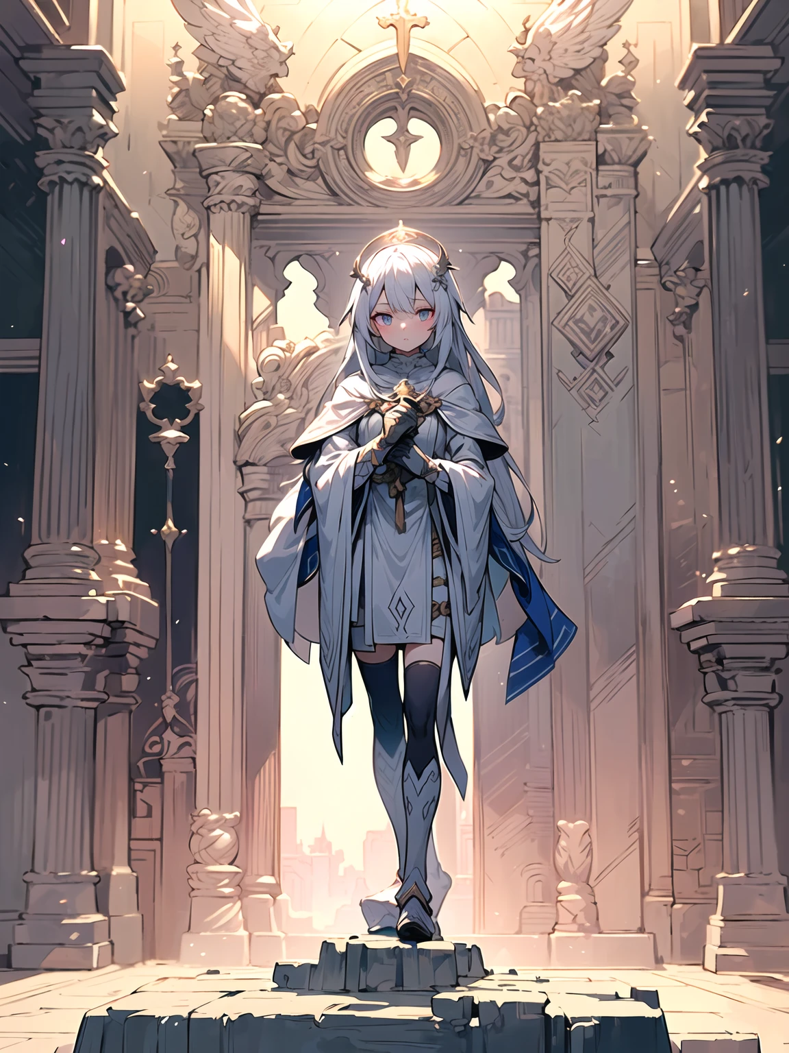 (((masterpiece, best quality, high detailed, 8k))) Design a layout showcase Gaming character, (1girl). White|Gold clothes, stylish and unique. ((showcase weapon:1.4)), holy scepter. (masterpiece:1.2), (best quality), 4k, ultra-detailed. (Step by step design, layout art:1.5), (luminous lighting, atmospheric lighting). priestess, ((glove full hands)), (((revealing clothes:1.3))), vambraces, armored legwear, (((full_body_shot:1.4))). {In a sacred temple}.
