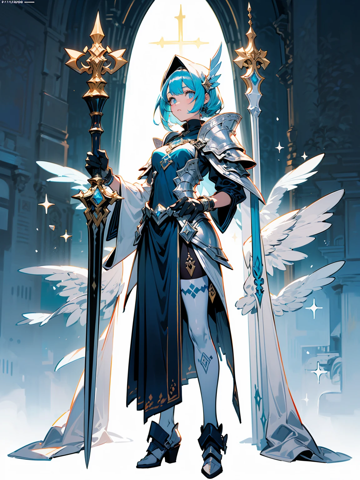 (((masterpiece, best quality, high detailed, 8k))) Design a layout showcase Gaming character, (1girl). White|Gold clothes, stylish and unique. ((showcase weapon:1.4)), holy scepter. (masterpiece:1.2), (best quality), 4k, ultra-detailed. (Step by step design, layout art:1.5), (luminous lighting, atmospheric lighting). priestess, ((glove full hands)), (((revealing clothes:1.3))), vambraces, armored legwear, (((full_body_shot:1.4))). {In a sacred temple}.