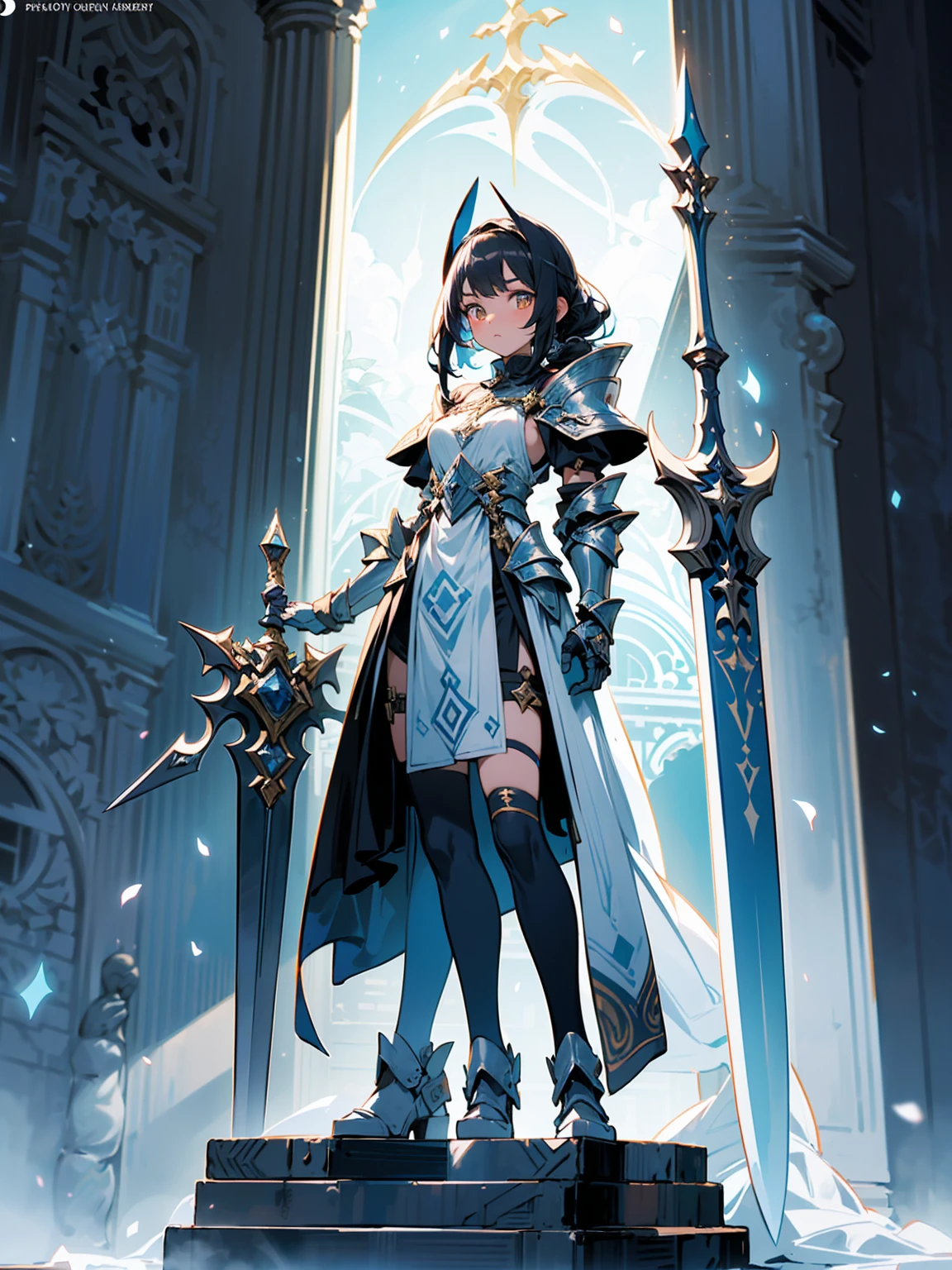 (((masterpiece, best quality, high detailed, 8k))) Design a layout showcase Gaming character, (1girl). White|Gold clothes, stylish and unique. ((showcase weapon:1.4)), holy scepter. (masterpiece:1.2), (best quality), 4k, ultra-detailed. (Step by step design, layout art:1.5), (luminous lighting, atmospheric lighting). priestess, ((glove full hands)), (((revealing clothes:1.3))), vambraces, armored legwear, (((full_body_shot:1.4))). {In a sacred temple}.