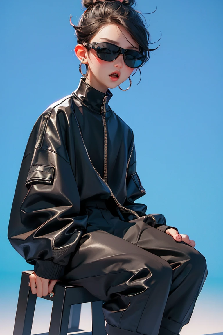 Blind Box,Simple Background, 8k, ，黒いBlind Box,Simple Background,Blind Box,Simple Background，Buzz Cut，Black hair with blonde mesh，balenciaga,High Fashion，All Black Costumes，sunglasses，Squat，male，Laughing，Giba
