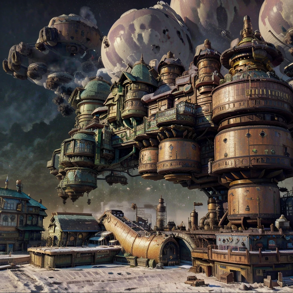Panoramic image of an industrial steampunk city, gears, steam engines, citizens, in it, pollution, carbon, exolosions, vapor, buildings, bridges, train, zepelin ((high quality)) ((4k)) ((8k)) ((Hyperrealism)) ((masterpiece)) ((perfection))