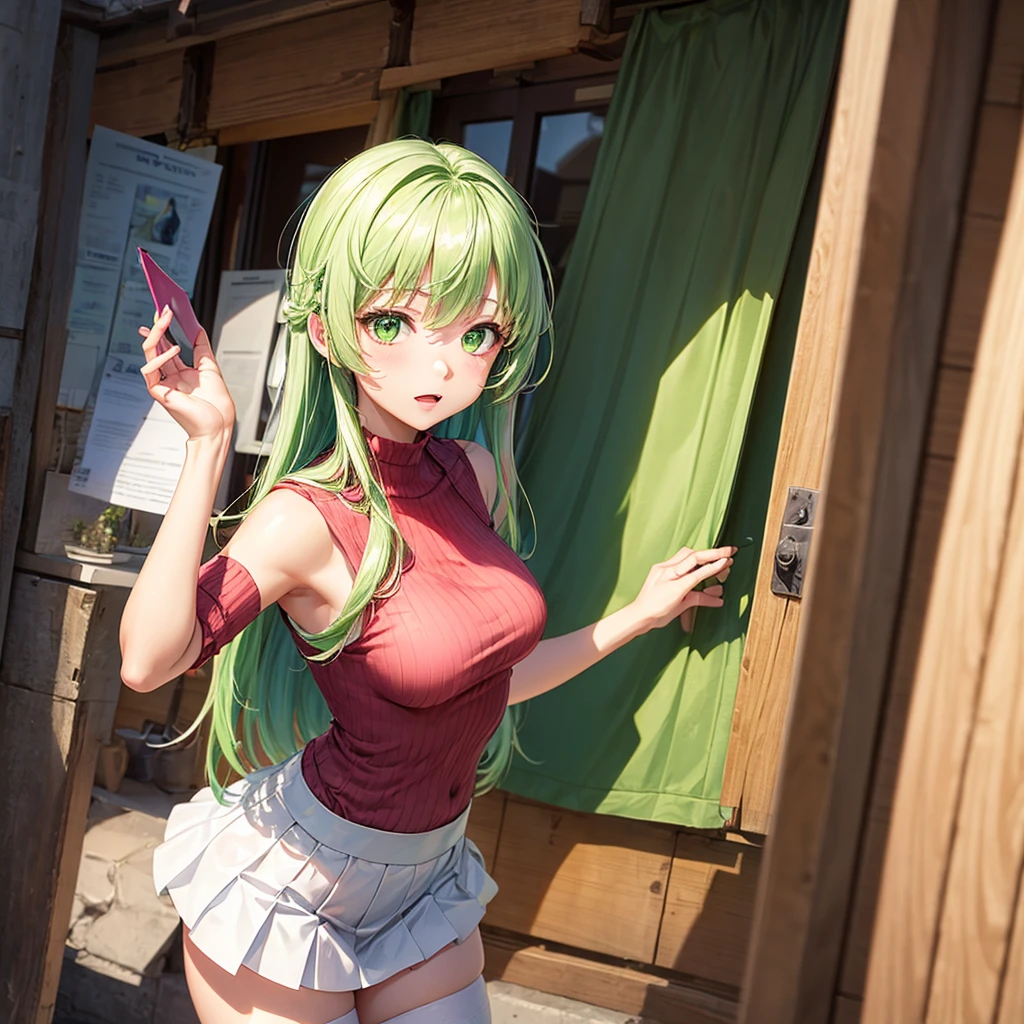 ((mejor calidad)), ((obra maestra)), (detallado), 1 chica, Sexy Brazilian anime girl, long white hair, green locks, green eyes, short skirt, stockings, 19 years old.