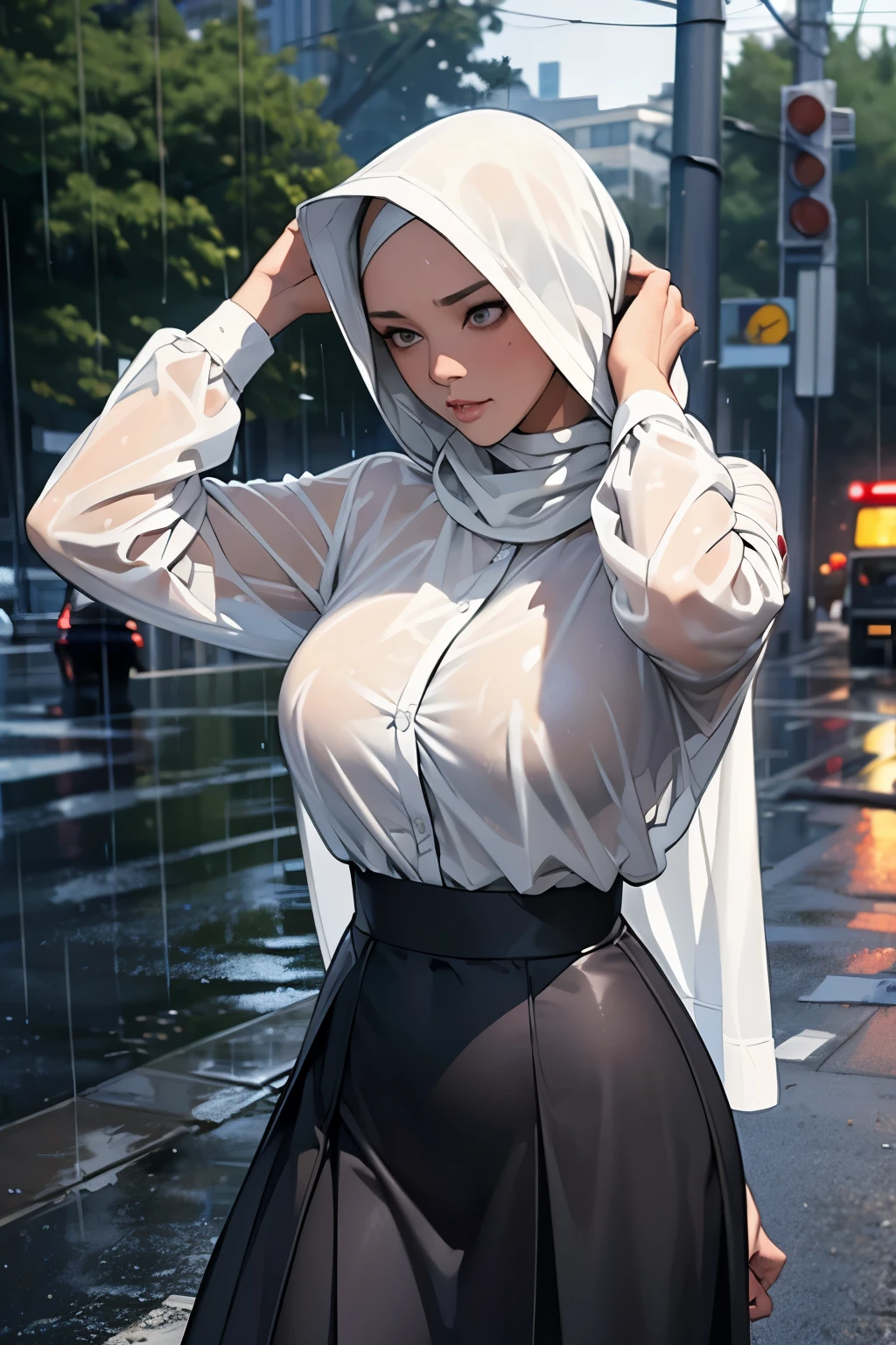 Best Quality, Masterpiece, Ultra High Resolution, ultra detailed object, detailed background, (Realisticity: 1.4), Original Photo, Rainy Season, (Rain:1.2), Drama film light, Drama film contrast, 1Girl, Teen, long sleeves, button shirt, long skirt, Film Lighting, beauty, hijab, big boob, on the streets, after school, detailed body textured, oily, wet shirt, arms up, hand cover head from rain, rainy days, ((sad)), blushing,