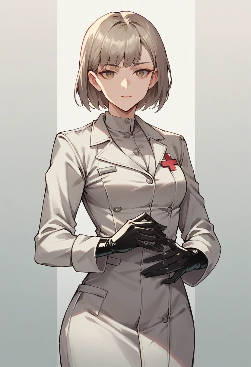 1girl, bangs, ((brown medical gloves)), ((surgical gloves)), ((latex gloves)), ((((long sleeves)))), ((gray surgeon outfit)), looking at viewer, ((gray doctor outfit)), standing, solo