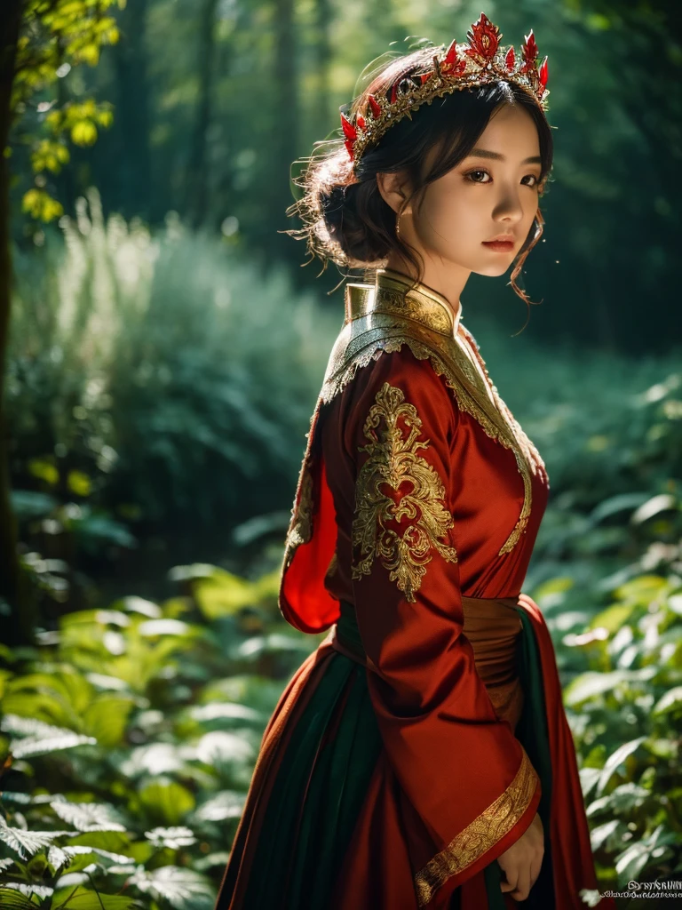 A beautiful Asian girl in a dark forest, delicate porcelain skin, short fiery red hair, wearing elven style clothing, intricate leaf crown, sunlight filtering through the trees, mystical atmosphere, (best quality,4k,8k,highres,masterpiece:1.2),ultra-detailed,(realistic,photorealistic,photo-realistic:1.37),fantasy,digital painting,dramatic lighting,vibrant colors,moody,cinematic,enchanting,ethereal