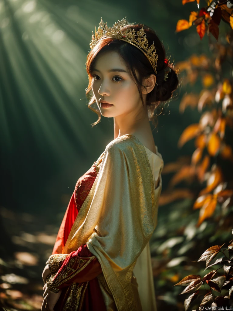 A beautiful Asian girl in a dark forest, delicate porcelain skin, short fiery red hair, wearing elven style clothing, intricate leaf crown, sunlight filtering through the trees, mystical atmosphere, (best quality,4k,8k,highres,masterpiece:1.2),ultra-detailed,(realistic,photorealistic,photo-realistic:1.37),fantasy,digital painting,dramatic lighting,vibrant colors,moody,cinematic,enchanting,ethereal