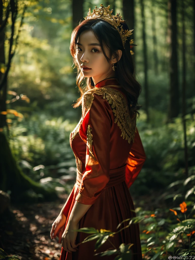 A beautiful Asian girl in a dark forest, delicate porcelain skin, short fiery red hair, wearing elven style clothing, intricate leaf crown, sunlight filtering through the trees, mystical atmosphere, (best quality,4k,8k,highres,masterpiece:1.2),ultra-detailed,(realistic,photorealistic,photo-realistic:1.37),fantasy,digital painting,dramatic lighting,vibrant colors,moody,cinematic,enchanting,ethereal