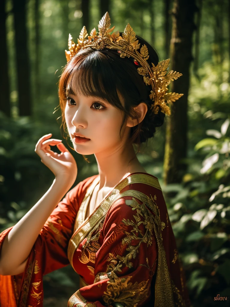 A beautiful Asian girl in a dark forest, delicate porcelain skin, short fiery red hair, wearing elven style clothing, intricate leaf crown, sunlight filtering through the trees, mystical atmosphere, (best quality,4k,8k,highres,masterpiece:1.2),ultra-detailed,(realistic,photorealistic,photo-realistic:1.37),fantasy,digital painting,dramatic lighting,vibrant colors,moody,cinematic,enchanting,ethereal
