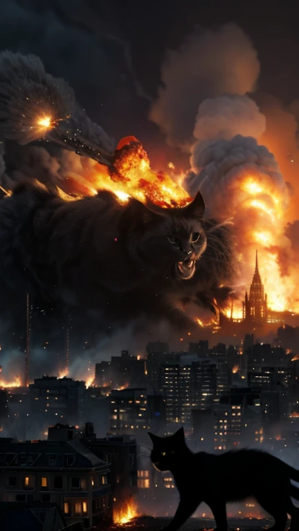Giant black cat、Destroy a miniature city、Burning City、Cat spitting fire from its mouth、Countless cats falling from the sky、collapsing town、end of the century、Destroyed building