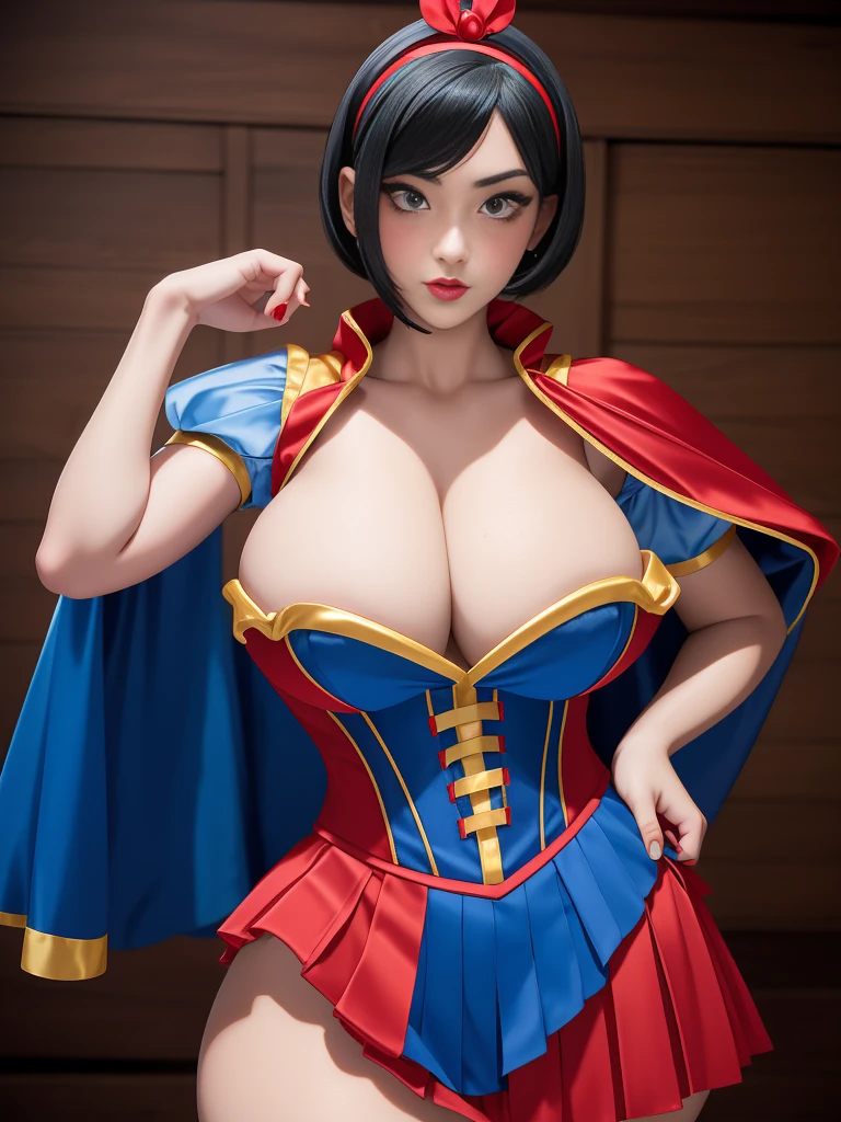 Beautiful Japanese 18 year old woman, wearing snow white cosplay, blue silk corset, red silk cape, yellow silk pleated skater skirt, , black bob hair, red hairband,  large breasts, , masterpiece, photorealistic, amazing detailed face