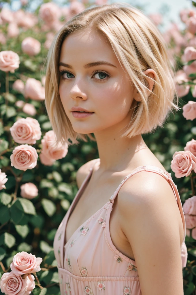 8k, raw photo, fujifilm, Style photography of a beautiful young girl like Avril in a light pink rose garden. (very detailed skin: 1.2) Style-Petal BREAK short hair, blonde hair with colored highlights, wearing a dress, film grain, 35mm, beautiful style