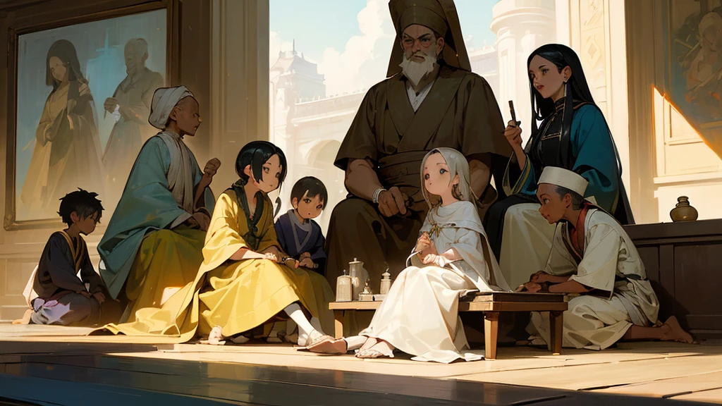 (work of art, best qualityer:1.35) make a group of 7 members children up to 10 years old, an African boy, a chinese boy, a white, a Brazilian woman, all sitting around the philosopher Diogenes, who is holding a book, perfect lighting, perfect shading