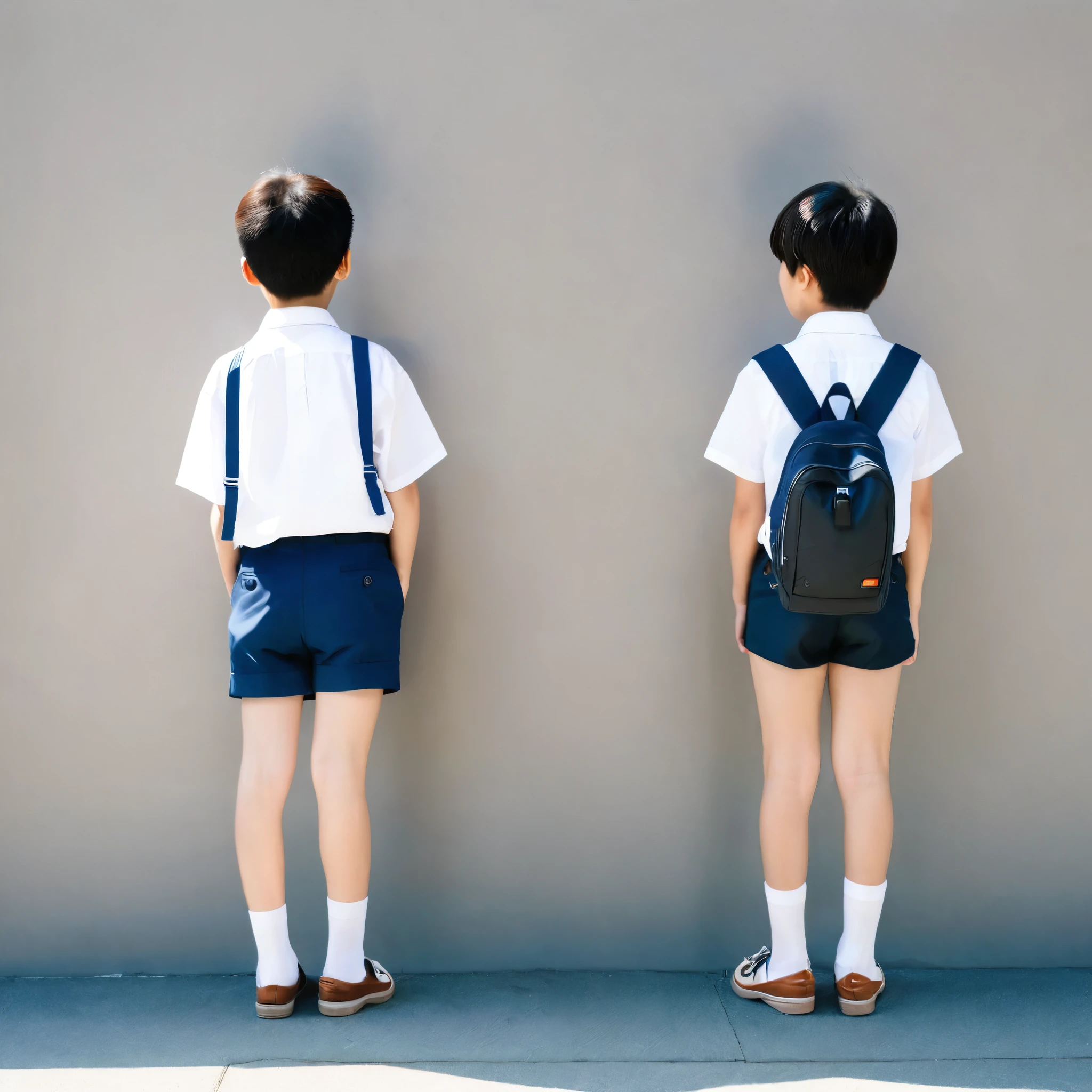 Two Japanese elementary school children, boys View from behind the legs Behind the knee short Shorts shoes